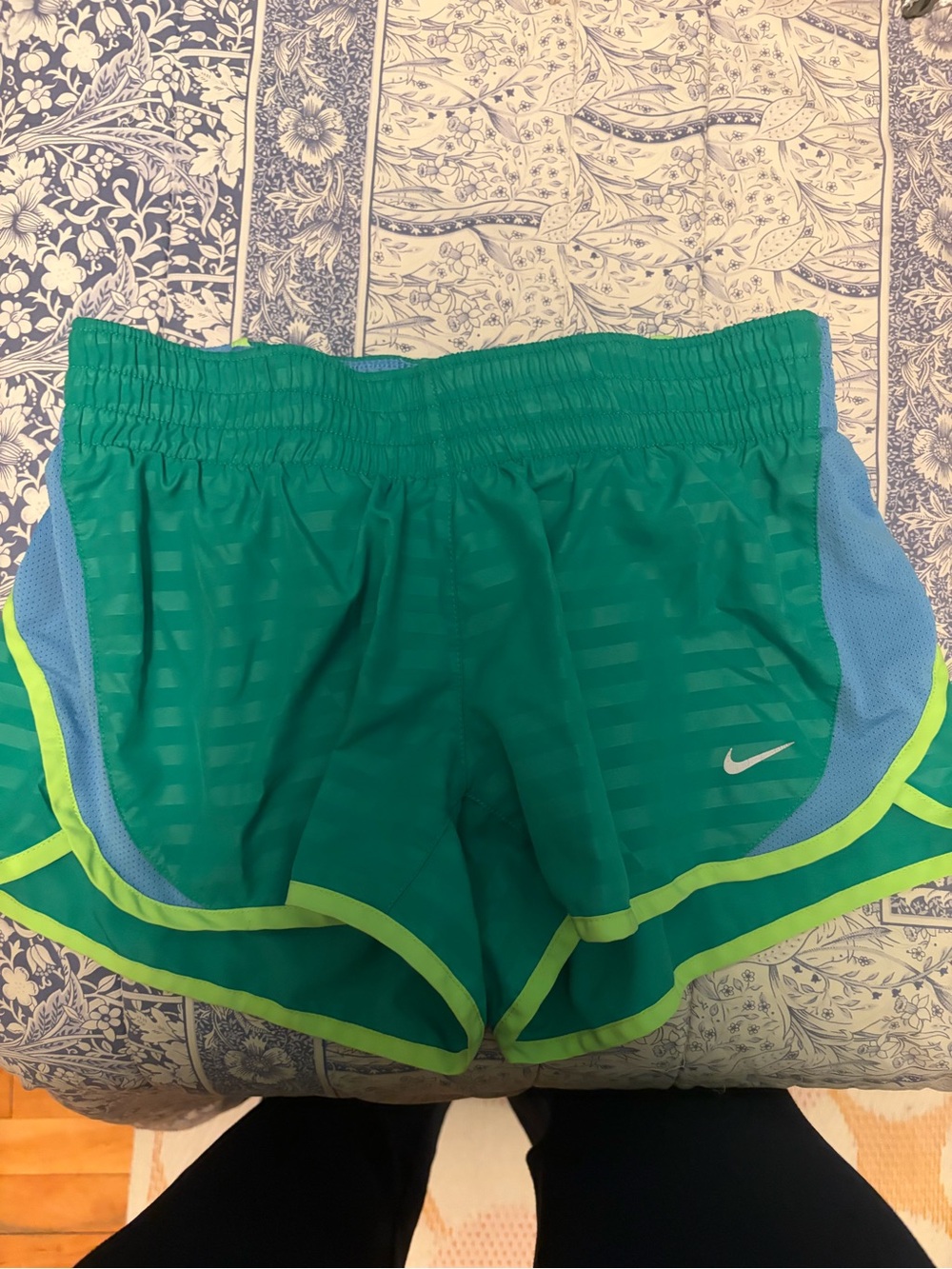 Nike Women’s Teal Athletic Shorts with Light Blue Panels and Lime Trim